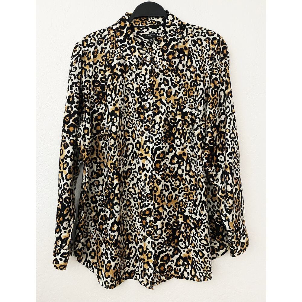 Talbots Womens Leopard Print Plus Button Down Long Sleeve Shirt Professional 1XL